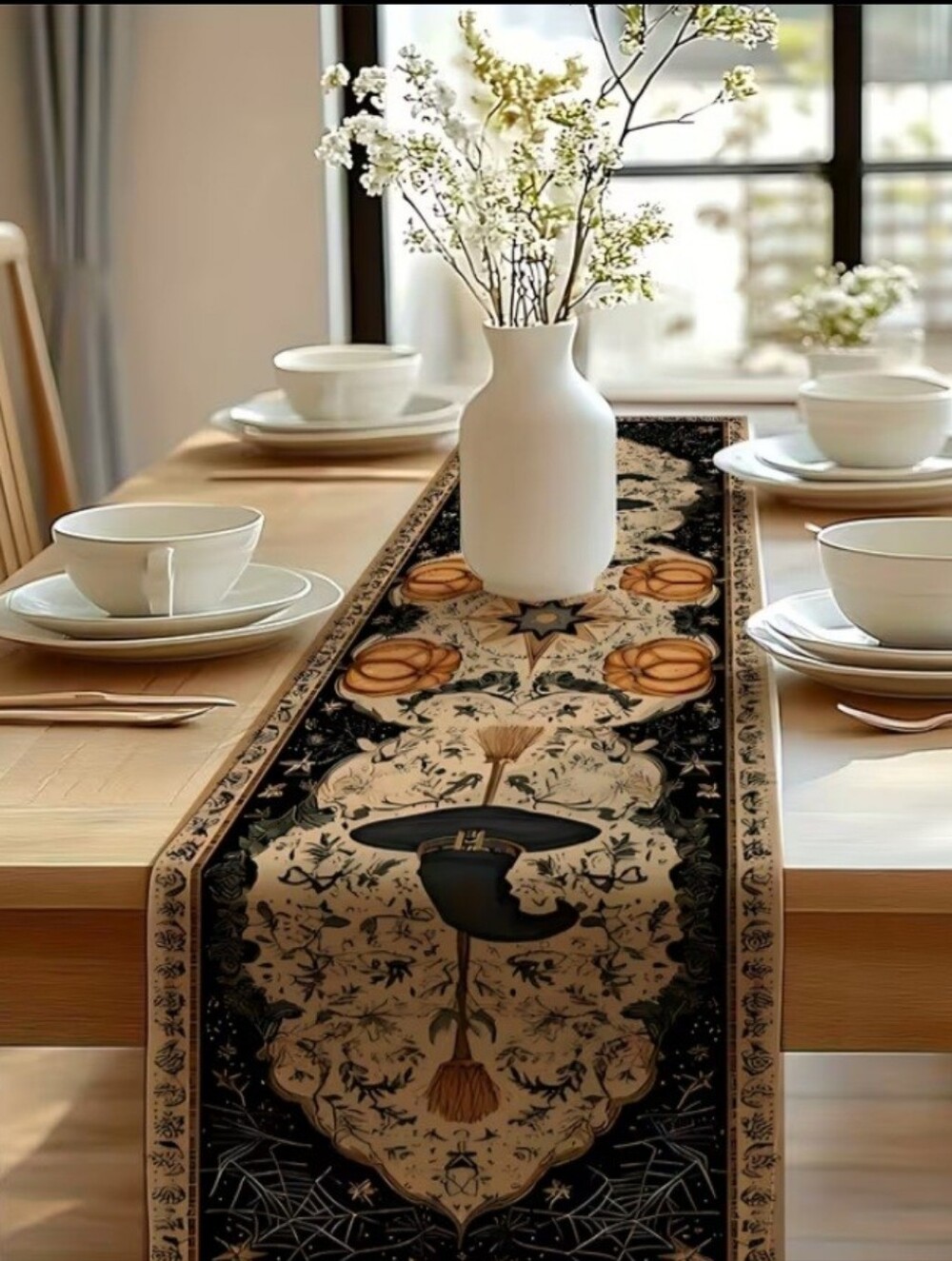 Halloween Black and Cream Botanical Witch/BroomTable Runner 6ft- NWT